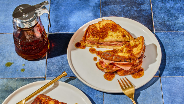 French toast ham and Louis D'or cheese sandwich